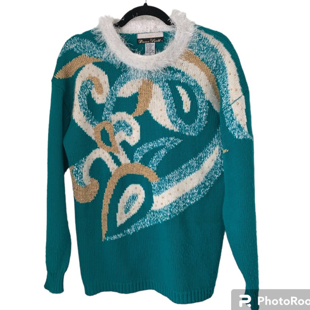 Dana Scott Pullover Crewneck‎ Sweater Multicolor Teal Gold Geometric M 80s 90s